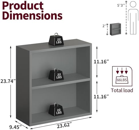 2-Tier Bookshelf Storage Shelves, 23.7 Inch Open Shelf Bookcase