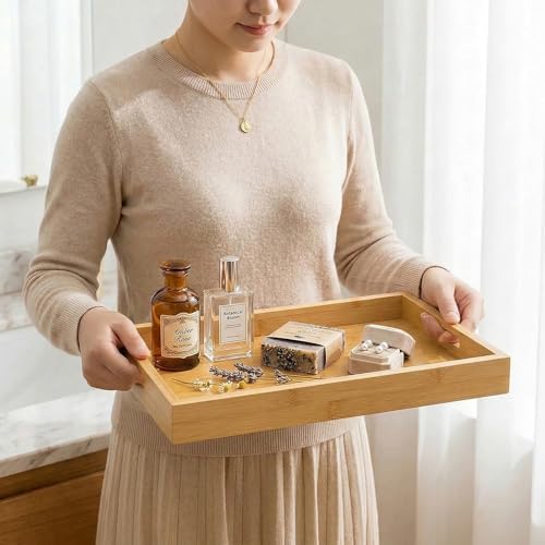 Perfume Plate Tray with Handle - Natural Bamboo Wood Display Tray for Dresser, Coffee Table, or Bathroom, 11.4x7.9 Inche