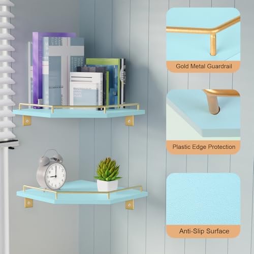 Tirzah Blue Wall Mount Corner Shelf with Gold Metal Guardrail, 2-Tier 9.5-inch Diamond-Shaped Wood Corner Floating Shelv