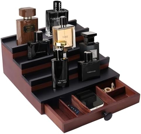 4 Tier Men's Cologne Organizer, Two-Tone Wooden Stand with Drawer Storage