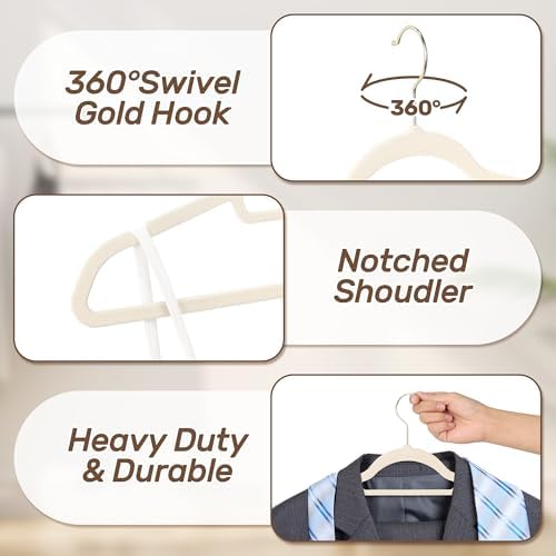 Velvet Hangers 30 Pack with Gold Hooks, Non-Slip Felt Clothes Hangers Beige
