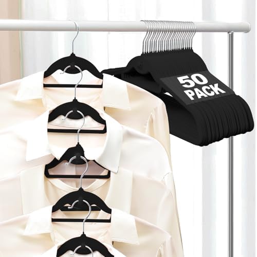 Velvet Felt Stackable Hangers 50 Pack, Thin & Space Saving, Black