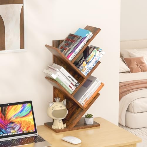SHEEPAM Small Tree Book Shelf,5 Tier Bookshelf, Wood Desktop Bookcase