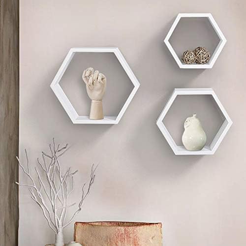 AHDECOR Hexagon Floating Shelves Set of 3, White Engineered Wood Wall Mounted Display Shelves, Modern Honeycomb Wall Dec