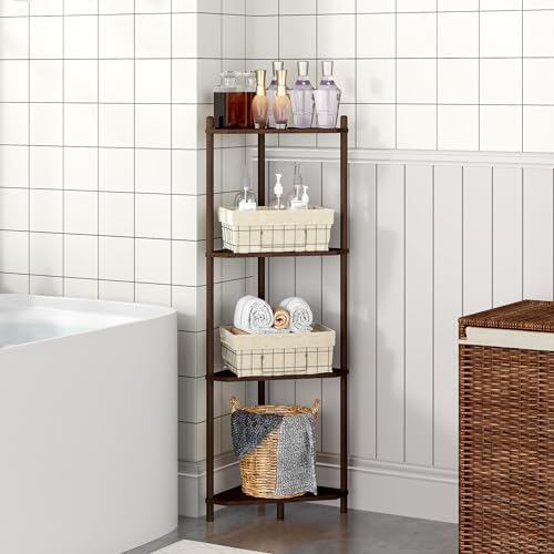 Corner Shelf Stand - 4 Tier Bamboo Small Corner Bookshelf for Office Kitchen Bedroom Plant Stand Living Room Decor Small