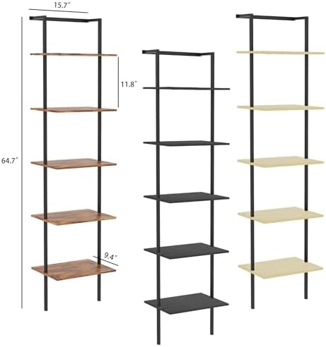 5-Tier Wall Mounted Ladder Shelf, Rustic Brown, 64.7" H