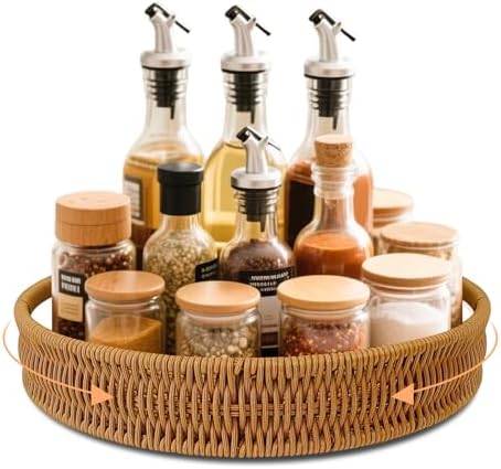 12 Inch Rattan Lazy Susan Organizer for Cabinet with Handles
