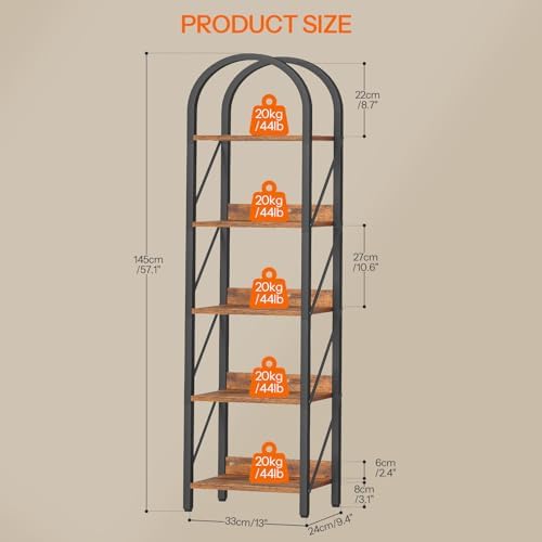 HOOBRO Bookshelf, 5-Tier Arched Bookshelf, Industrial Bookcase with Metal Frame, Tall Book Shelf Storage Organizer for L
