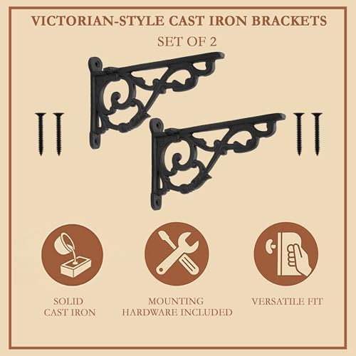 Mystic Colonial Victorian Cast Iron Shelf Brackets - 10.2 cm x 15.2 cm (4 in x 6 in) Vintage Rustic Wall Mount Supports 