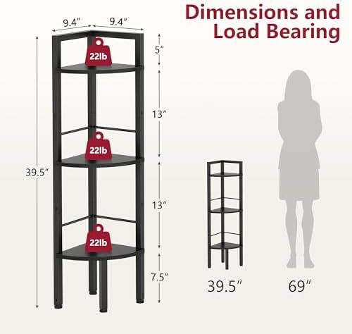 Tajsoon Small Corner Shelf Stand 3 Tier 39.5" with Metal Frame, Black