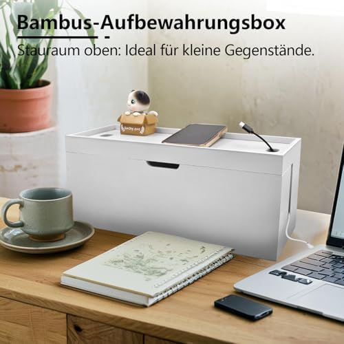 15 Inch Bamboo Large Cable Management Box, White Cord Organizer