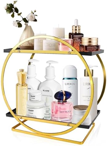 Perfume Organizer for Women, 2 Tier Black Gold Perfume Organizer for Dresser, Makeup Organizer for women, Kincare Storag