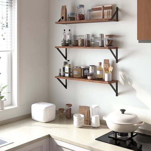 Heimlove Floating Shelves for Wall, 32 Inch Long Wood Floating Shelves Set of 3, Wall Mounted Hanging Shelf for Bathroom
