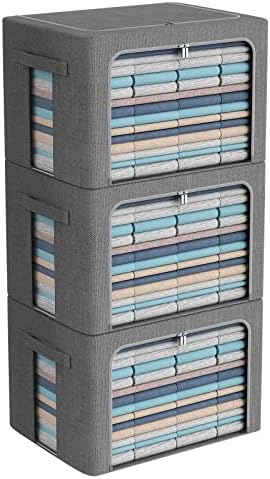 CYhom 3Pack Foldable Storage Bins - Frame Storage Box Linen Fabric Stackable Clothes Container Organizer with Clear Wind