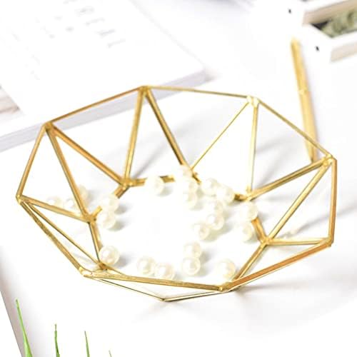 Octagonal Disc Vintage Gold Mirror Glass Vanity Tray,Ornate Geometric and Brass Plated Display Storage Organizer for Mak