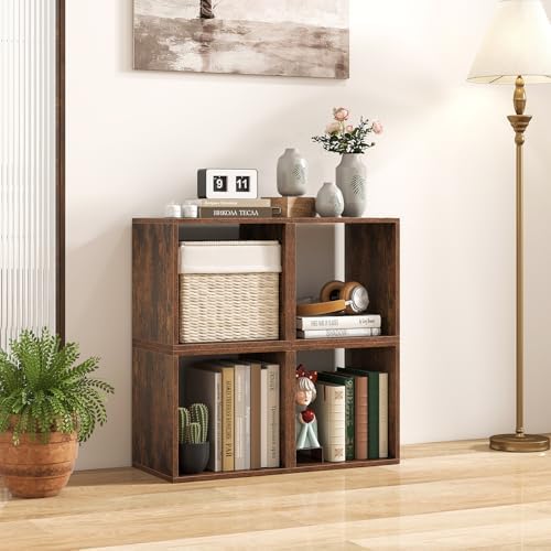 GIANTEX 4 Cube Bookshelf Organizer, 2-Tier Stackable Cube Storage Organizer, Small Wooden Open Book Shelf with Anti-topp