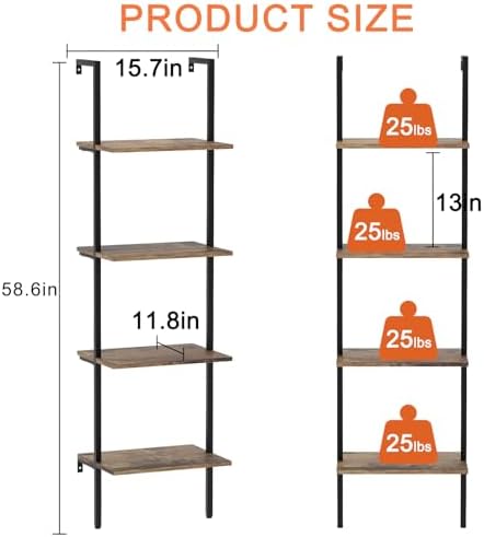 Wolawu Ladder Shelf 4 Tiers Metal Industrial Bookshelf,Brown Wood Tall Open Storage Rack and Display Shelves,Wall Mount 