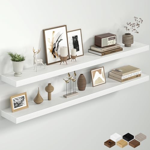 55 Inch Floating Shelves for Wall, Rustic Wood Wall Mounted Deep Storage Shelves with Invisible Brackets, Extra Long Dec