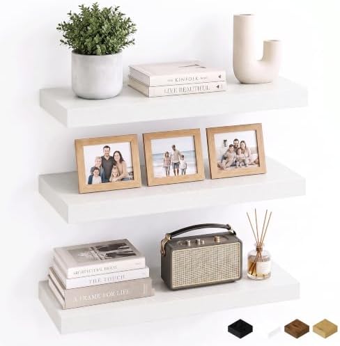 White Floating Shelves for Wall, 20"L Bathroom Shelf, 8" Deep Wall Shelf