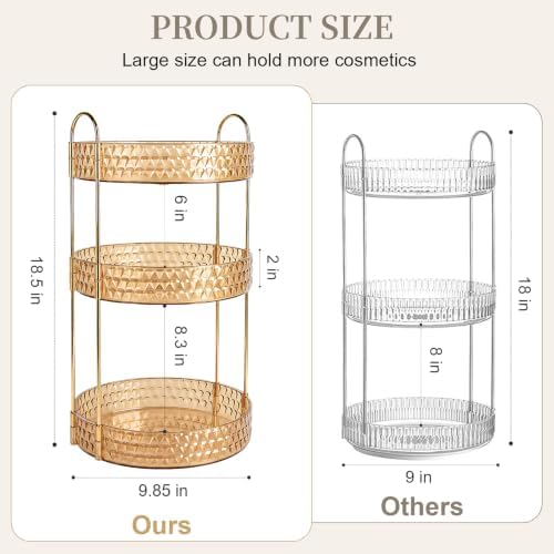 Large Capacity Rotating Makeup Organizer Perfume Stand Holder, 3 Tier Gold