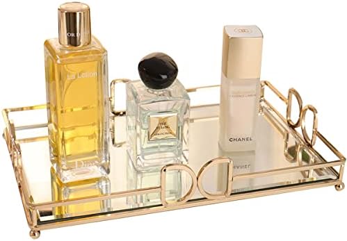 Gold Mirror Vanity Tray for Perfume, 11.7x7.9 Non-Slip Glass Dresser Tray, Elegant Decorative Organizer for Bathroom Cou