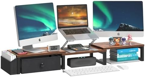 LAND·VOI Heavy Duty Dual Monitor Stand, Holds 2 Screens Up to 27 Inches, Adjustable Length and Angle Monitor Riser, Desk
