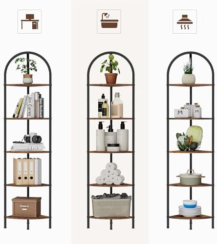 Homhedy 5-Tier Arched Corner Shelf Stand, Wall Corner Bookshelf