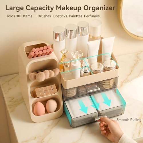 Makeup Organizer for Vanity with Brush Holder and 2 Drawers, Cream