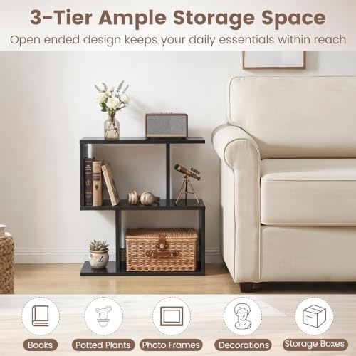 Tangkula 2 Tier Geometric Bookshelf, Freestanding Wood Display Shelf, Home Office Room Divider S Shaped Open Bookcase, S