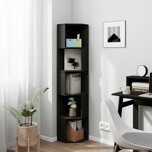 5 Tier Black Skinny Corner Display Shelf Unit, Wooden Bookshelf Corner Storage Shelves with 5 Cubes, Wood Skinny Small B