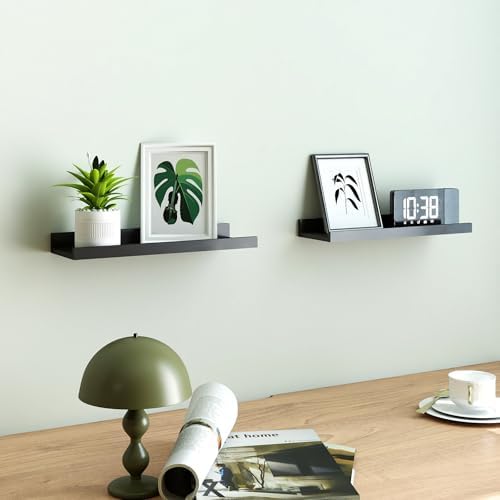 Black Floating Shelves for Wall Decor, 14 in Shelf with Lip Set of 2