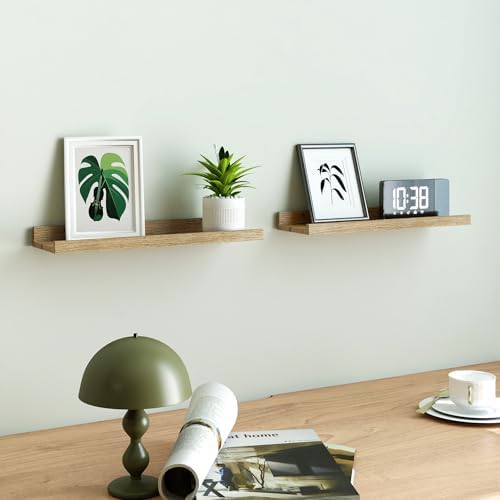 Oak Floating Shelves for Wall Decor, 16 in Shelf with Lip, 2 Set