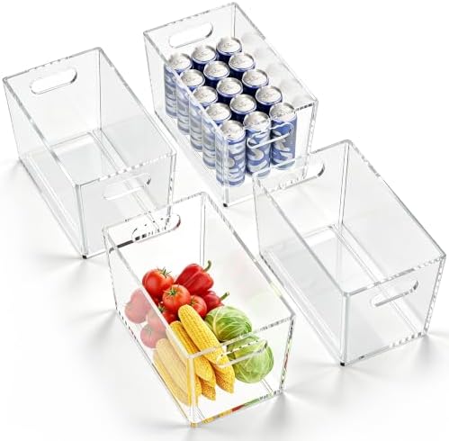4 Pack Clear Storage Bins, PET Pantry Organizers & No-Tip Storage Containers with Cutout Handles for Fridge Freezer Kitc