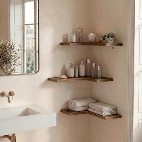 Corner Floating Shelves for Wall Mounted L-Shaped Wood Corner Wall Shelf, Hanging Shelf for Bathroom, Bedroom, Kitchen, 