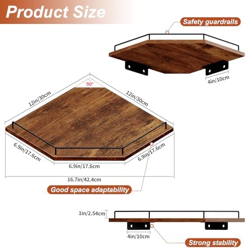 JJL Corner Shelf Wall Mounted, 12 Inches 3-Tier Floating Corner Shelf, Hexagon Rustic Wood Decor with Fence, Brown Stora