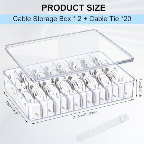 Tatuo 2 Pcs Cord Organizer Box with Lid, 8 Compartments & Wire Ties