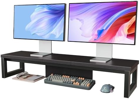 Dual Monitor Stand Riser, Wood and Steel Monitor Stand for Desk, Multi-Purpose Desk Shelf Organizer for Computer, Laptop