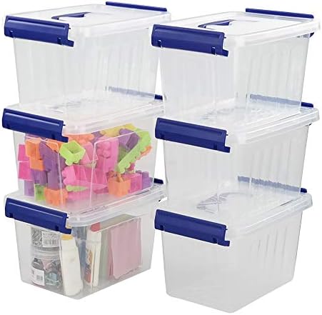 Pekky 3.5 Quart Small Plastic Lidded Storage Box with Blue Handle, 6 Packs
