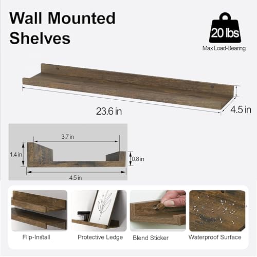 Brown Floating Shelves for Wall Decor, 24 in Shelf with Lip Set of 2