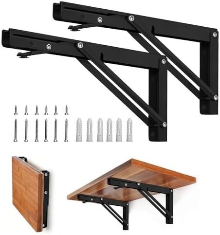 Storystore Folding Shelf Brackets, 8 Inch 2 Pcs Black Stainless Steel