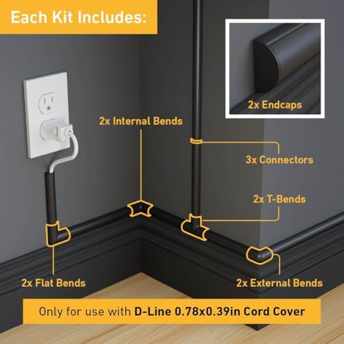D-Line Small Cable Raceway Accessory Pack, Join 0.78in x 0.39in Cord Cover Lengths, 13 Accessories Included, Hide Cords 