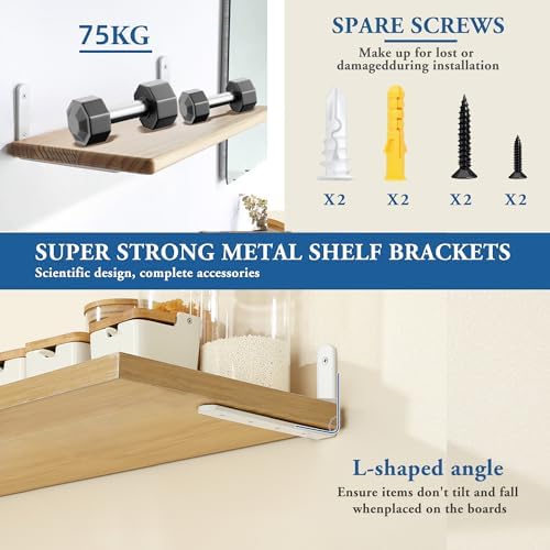 Mooche White Shelf Brackets, Heavy Duty Floating Shelf Bracket for Wood Shelves, Wall Mounted Metal L Brackets, Wall She