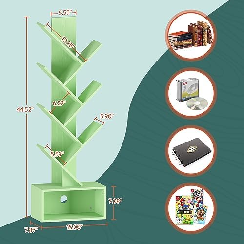 Yoobure Tree Bookshelf - 6 Shelf Retro Floor Standing Bookcase, Tall Wood Book Storage Rack for CDs/Movies, Utility Book
