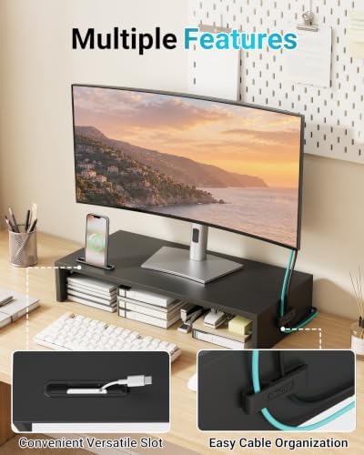 1home Ergonomic Monitor Stand Riser, 21.3 Inch Wood Desktop Stand with Cellphone Holder and Cable Management, Black