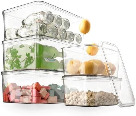 Clear Storage Bins With Lids,5 Packs Food Storage Organizer,Cabinet Storage Basket for Clothing, Towels, Cosmetics, Kitc