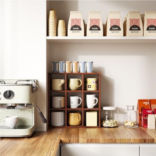 Helsin 9 Grid Vintage Coffee Mug Display Rack, 16inch Wall Mounted Wooden Curio Shadow Box Shelf, Cup Floating Shelves D