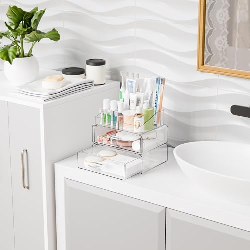 Yieach 3 Tier Clear Acrylic Makeup Organizers with Drawers,Tiered Countertop Make up Storage Organizer for Dresser Top a