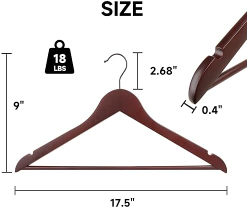 Wooden Clothes Hangers with Pants Bars, Mahogany, 24-Pack