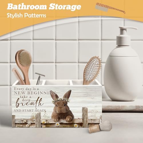 Motivational Bunny Pen Holder Organizer for Desk Accessories, Bunny Gifts for Women Girls, Farmhouse Daisy Floral Easter Rabbit Wooden Box Sign Desk Decorations for Home Office Decor