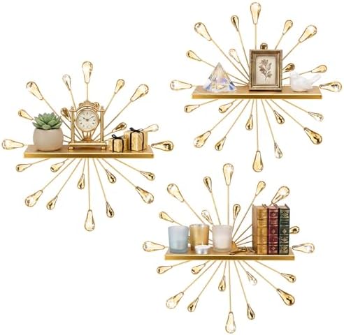 Yaocom 3 Pcs Bling Crystal Floating Shelves Metal Starbursts Wall Decor Folding Shelf Gold Corner Shelves Hanging Wall M